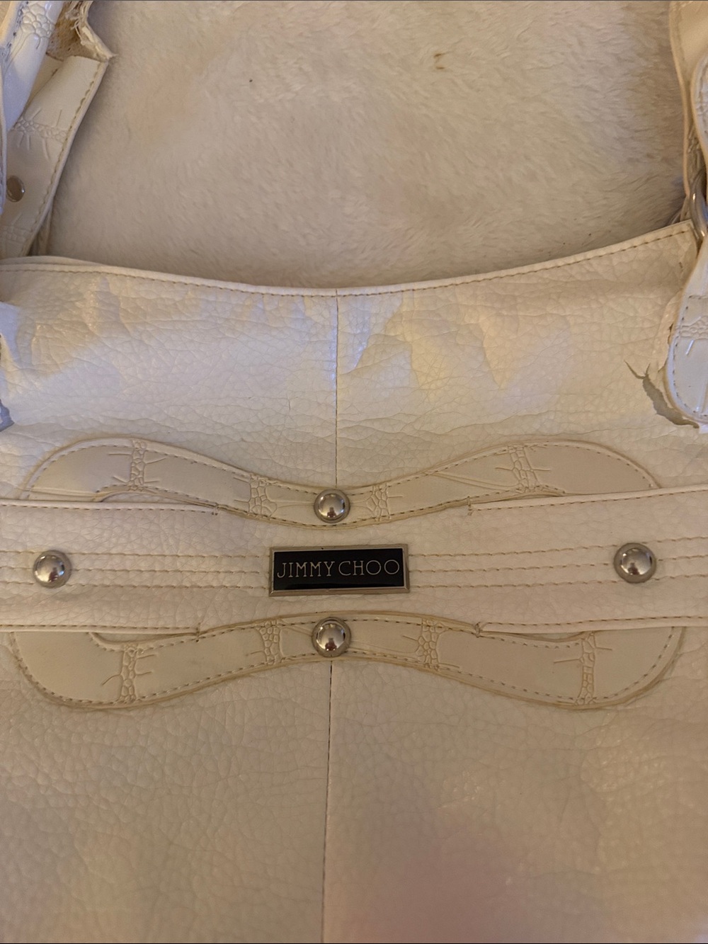 White/Cream Leather Shoulder Tote with Bow Accent faux purse